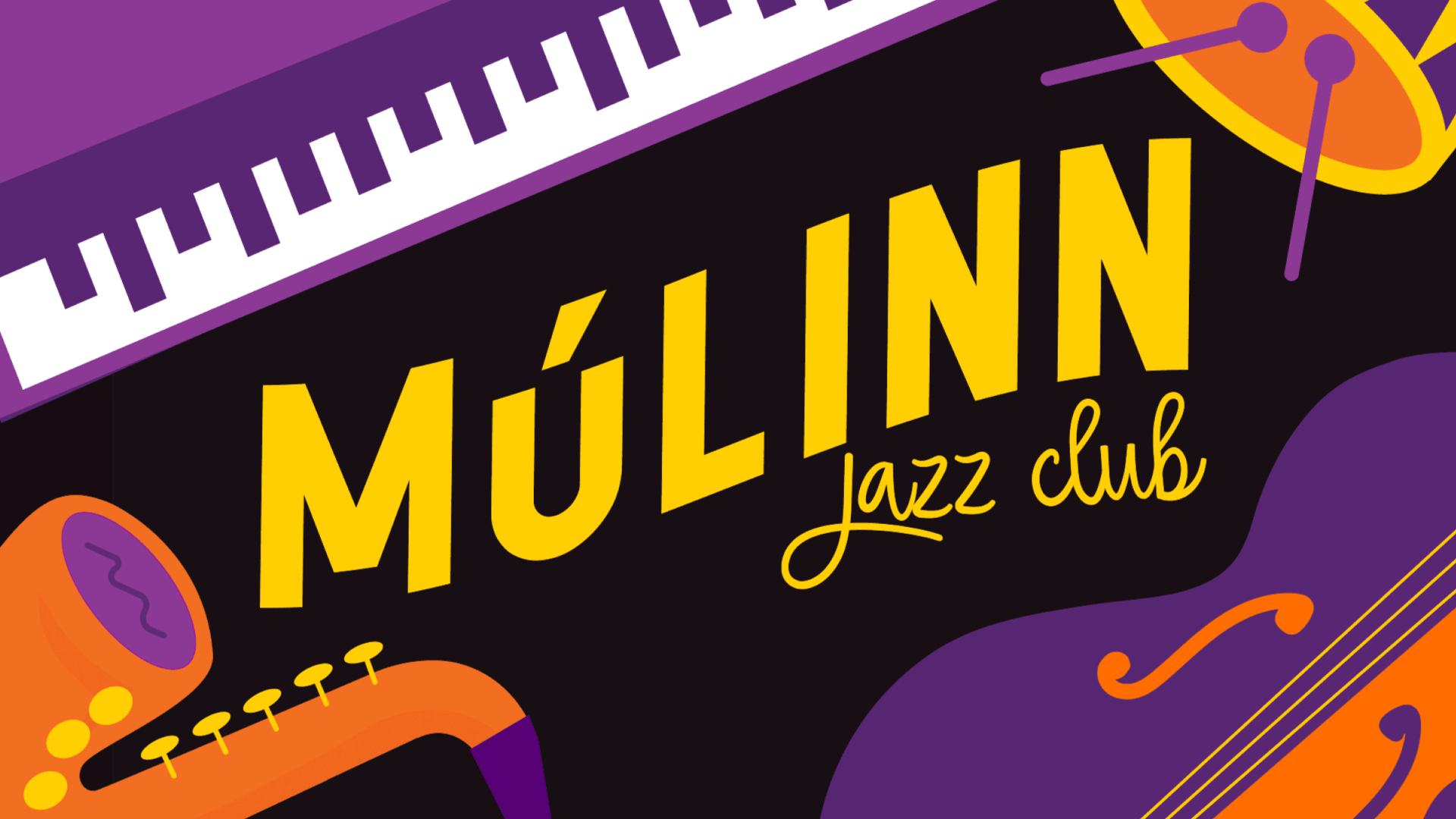 Litrík grafík með textanum „MÚLINN Jazz club“, píanóhrygg efst, trompeti neðst til vinstri og strengjahljóðfæri efst til hægri og neðst.