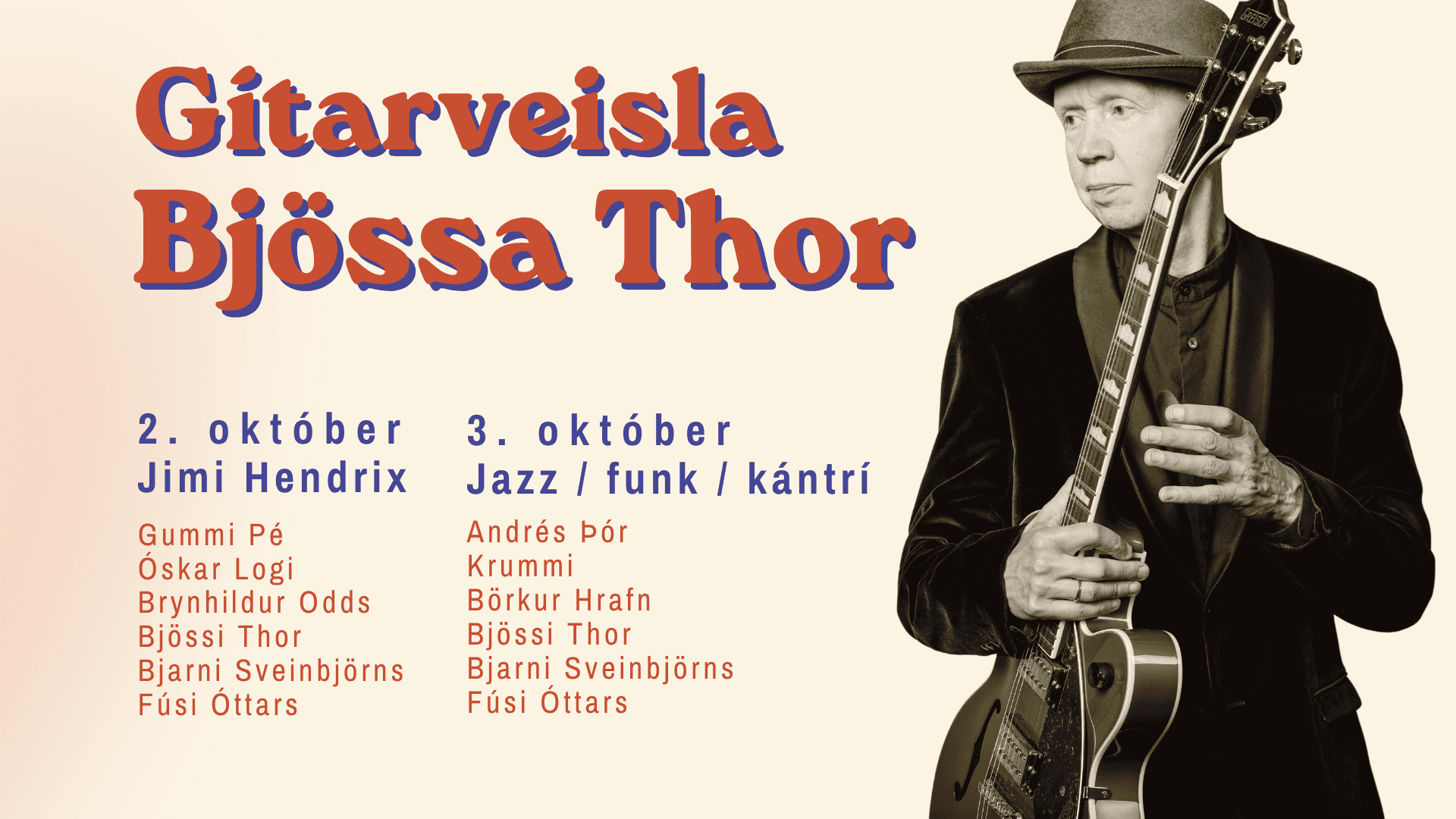 Gítarveisla Bjössa Thor - Svarthvít mynd af Bjössa með gítar.